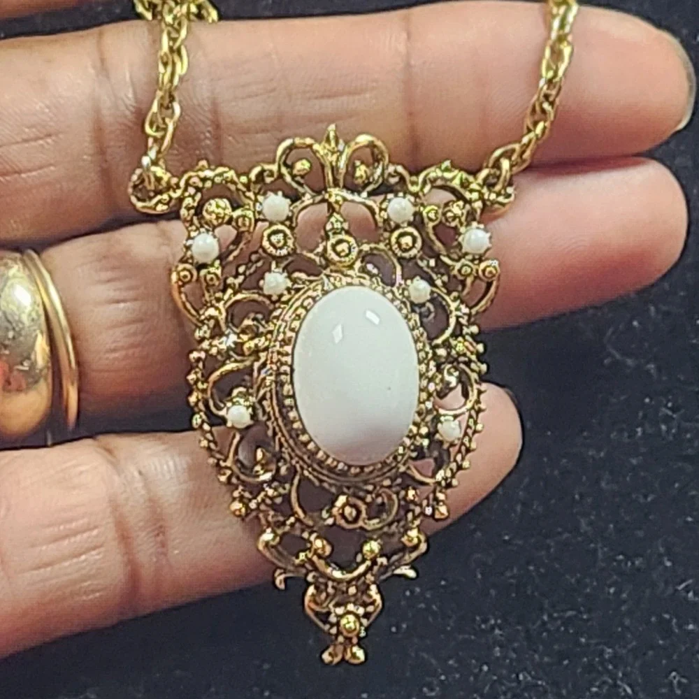 Vintage Gold Tone Filigree White Cabochon Victorian Revival Necklace